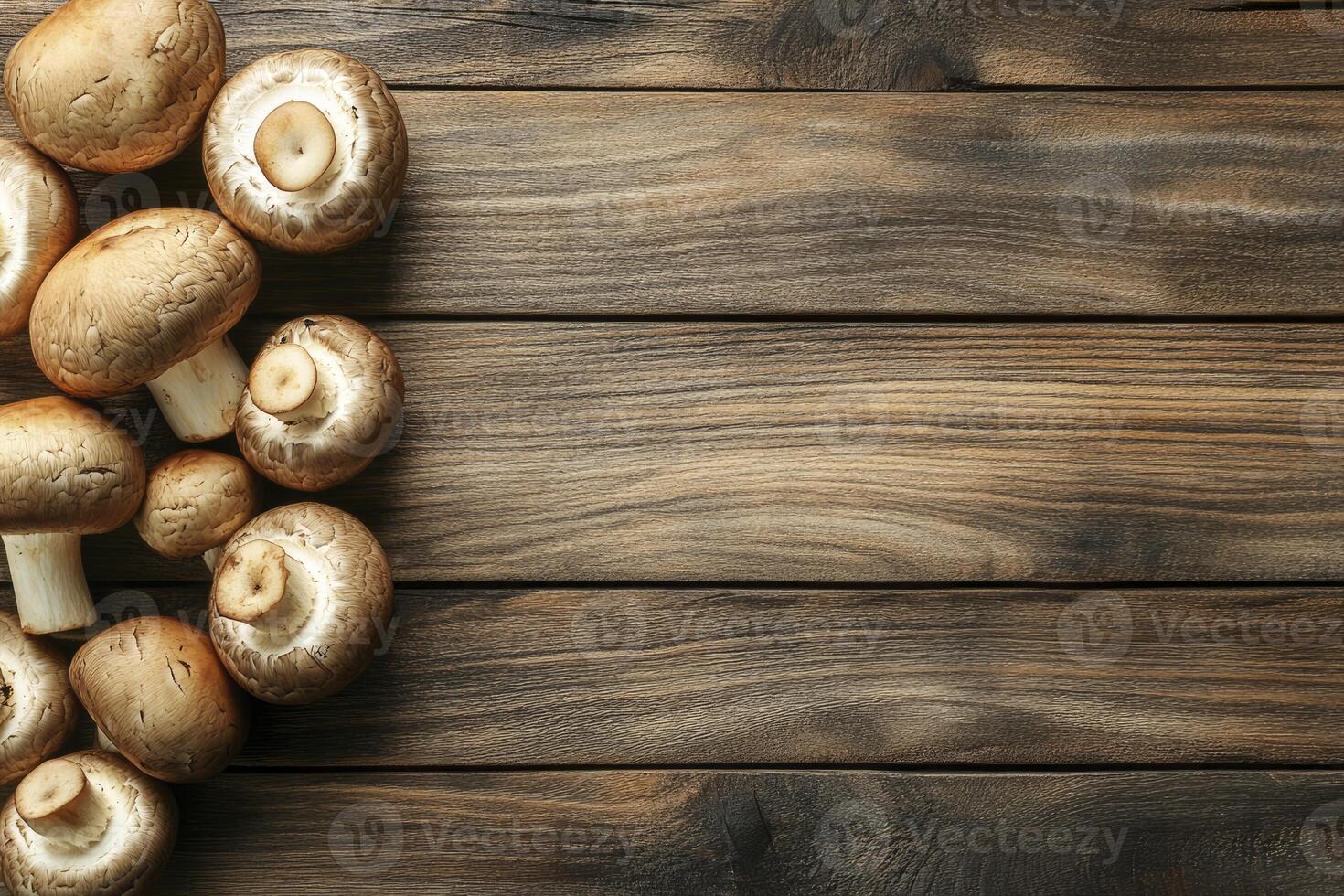 Fresh Cremini Mushrooms on Rustic Wooden Table Surface with Copy Space photo