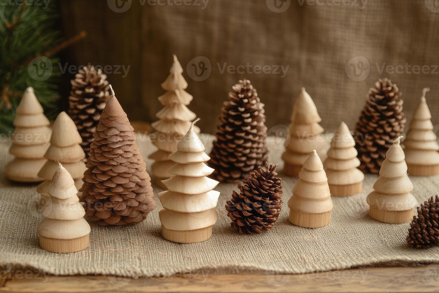 Wooden Christmas Trees and Pine Cones on Burlap for Festive Decor photo