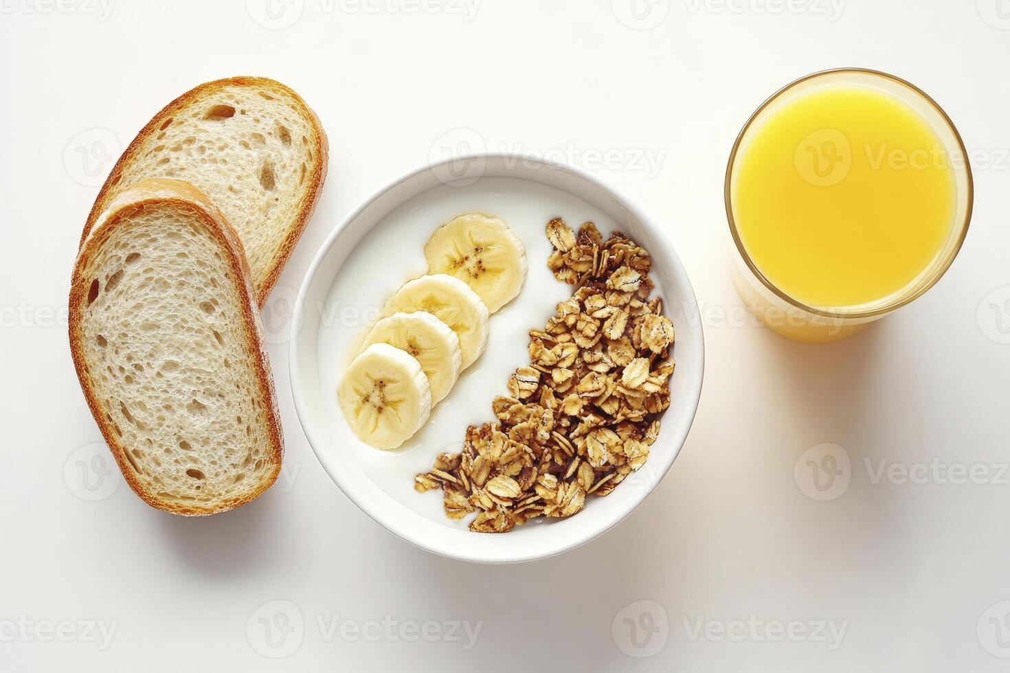 Healthy Breakfast Still Life Bread, Granola, Yogurt, Banana, and Juice photo