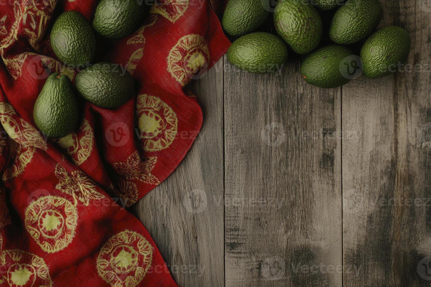 Ripe Avocados Still Life on Wooden Table with Red Cloth Texture photo