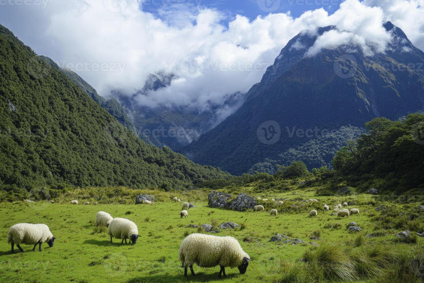Sheep Grazing in Mountain Valley with Clouds and Lush Green Grass photo