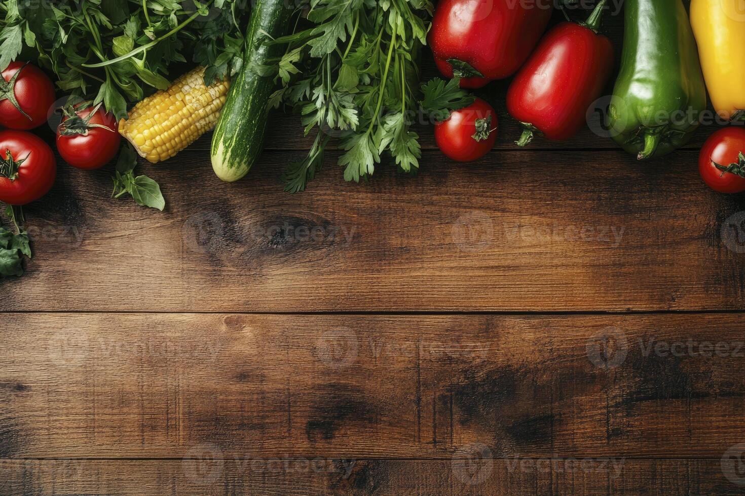Fresh Vegetables and Herbs on Rustic Wooden Table for Healthy Eating photo