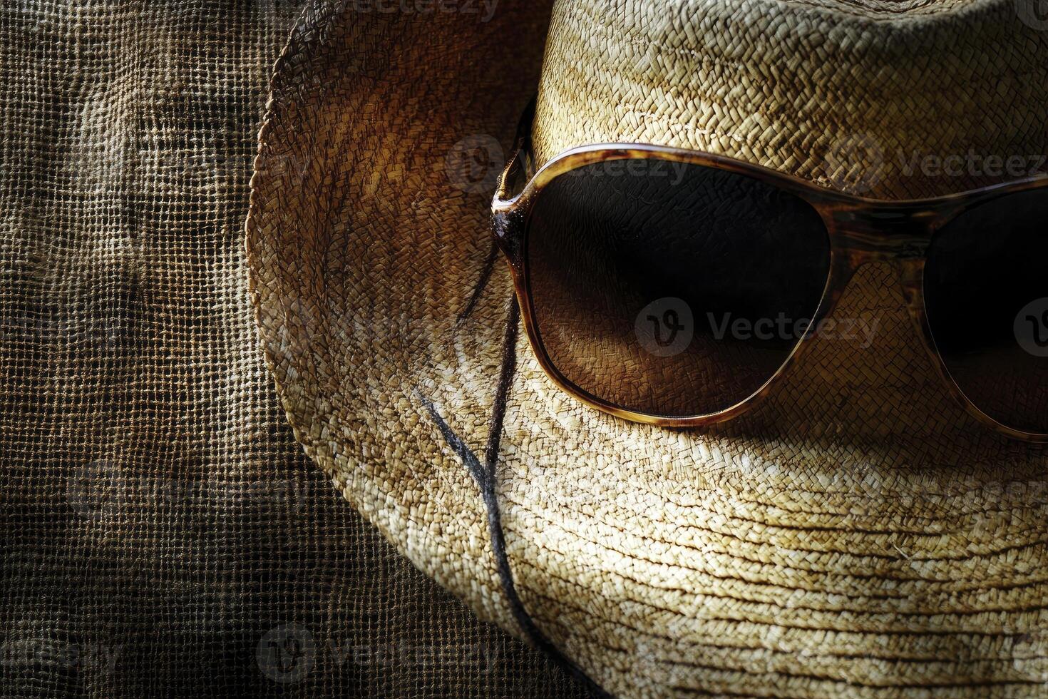 Straw Hat with Sunglasses on Burlap Background for Summer Travel photo