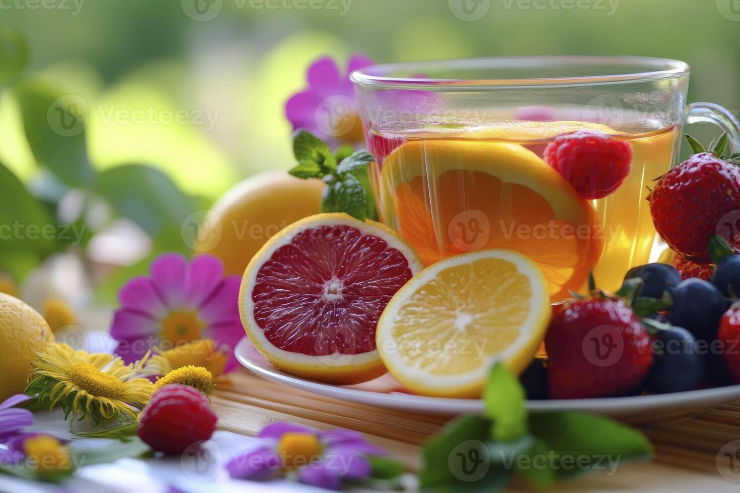 Refreshing Fruit Tea with Citrus and Berries in Natural Light photo