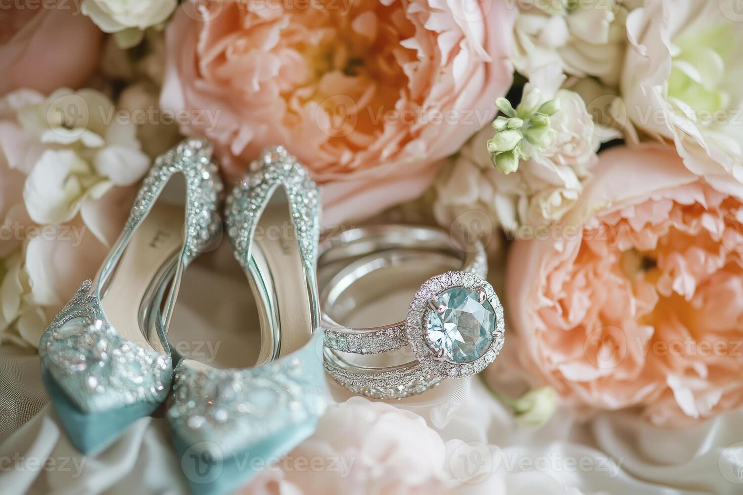 Elegant Wedding Shoes and Ring with Flowers Preparation for Bride photo