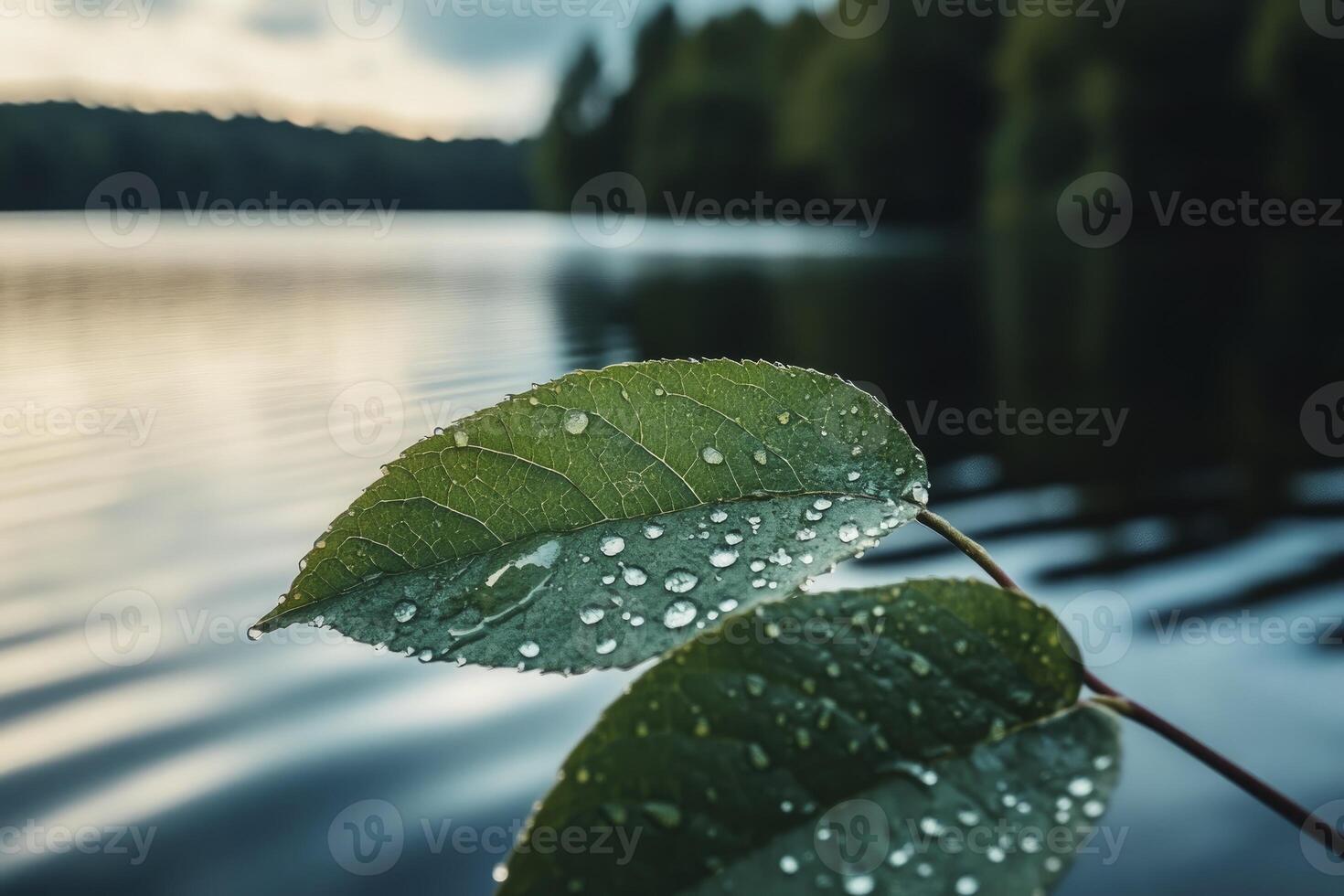 Water Droplets on Green Leaf with Lake and Forest Background photo