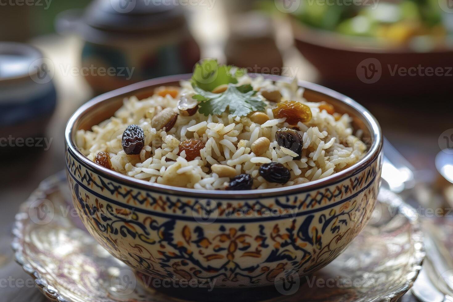 Serving of Rice with Dried Fruits and Nuts in Decorative Bowl photo