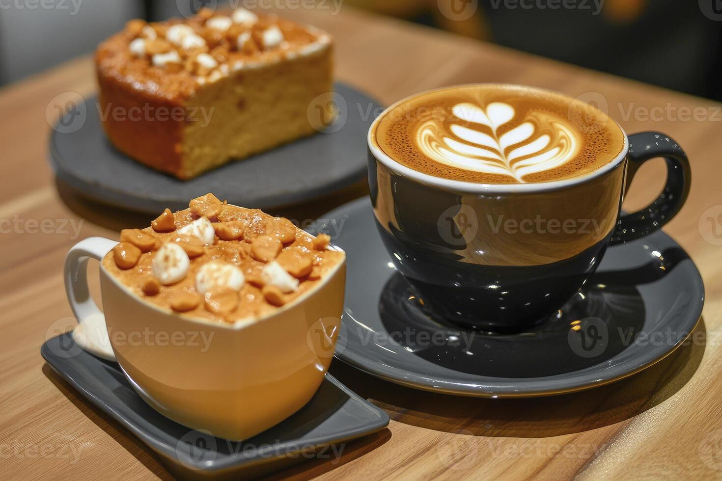 Enjoying Coffee and Cake at Cafe with Latte Art and Toppings photo
