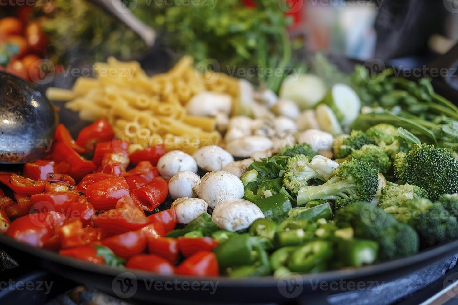 Cooking Fresh Vegetables and Pasta in a Large Pan for Meal Prep photo