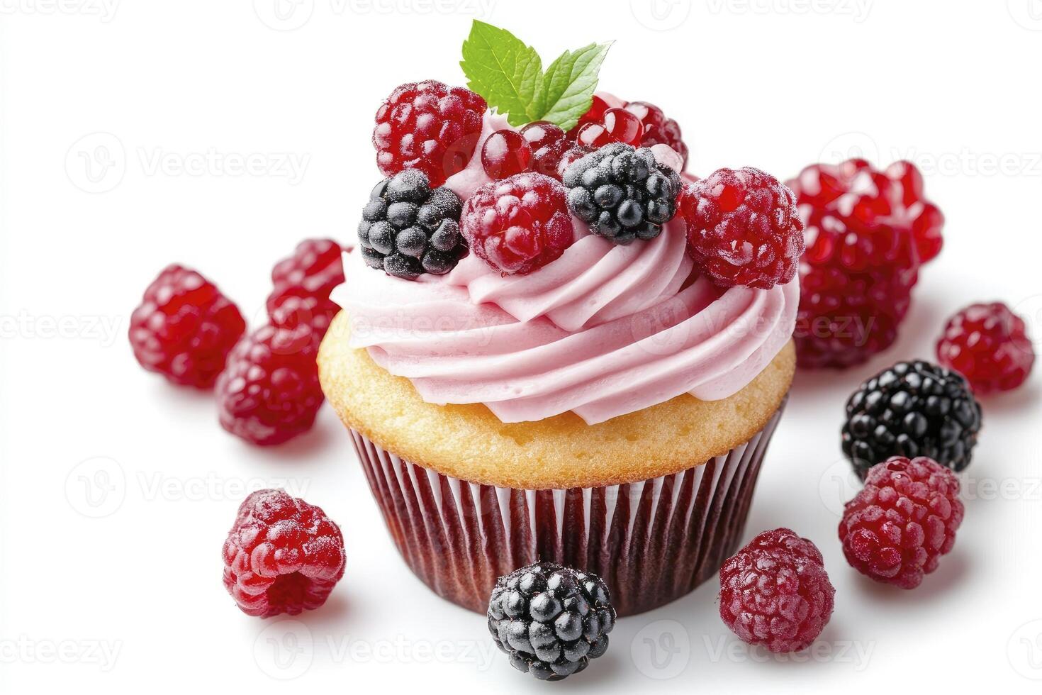 Delicious Cupcake with Pink Frosting and Fresh Berries on White Backdrop photo