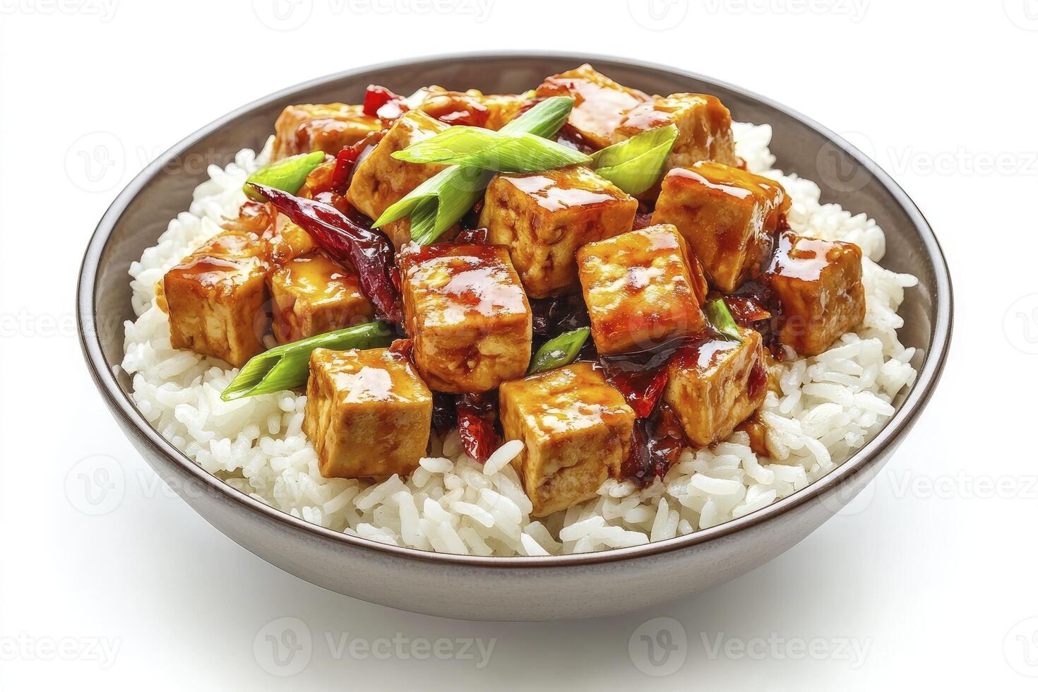 Serving of Glazed Tofu with Rice and Green Onions in Bowl photo