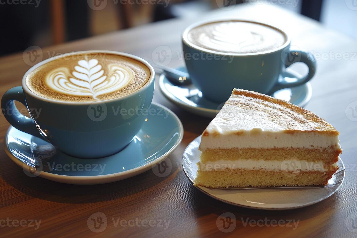 Enjoying Coffee Latte and Cake Slice in a Cafe Environment photo