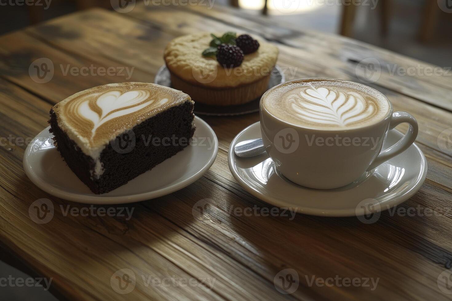Enjoying Coffee and Cake Selection on Wooden Table Top photo