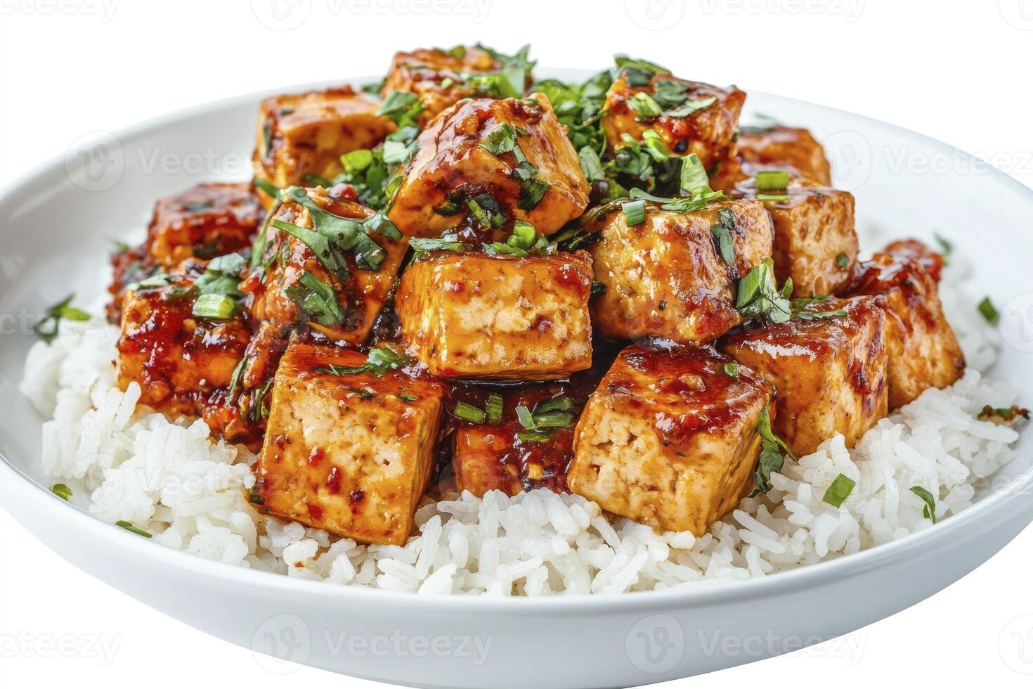 Serving of Spicy Tofu with Rice and Herbs in a Bowl photo