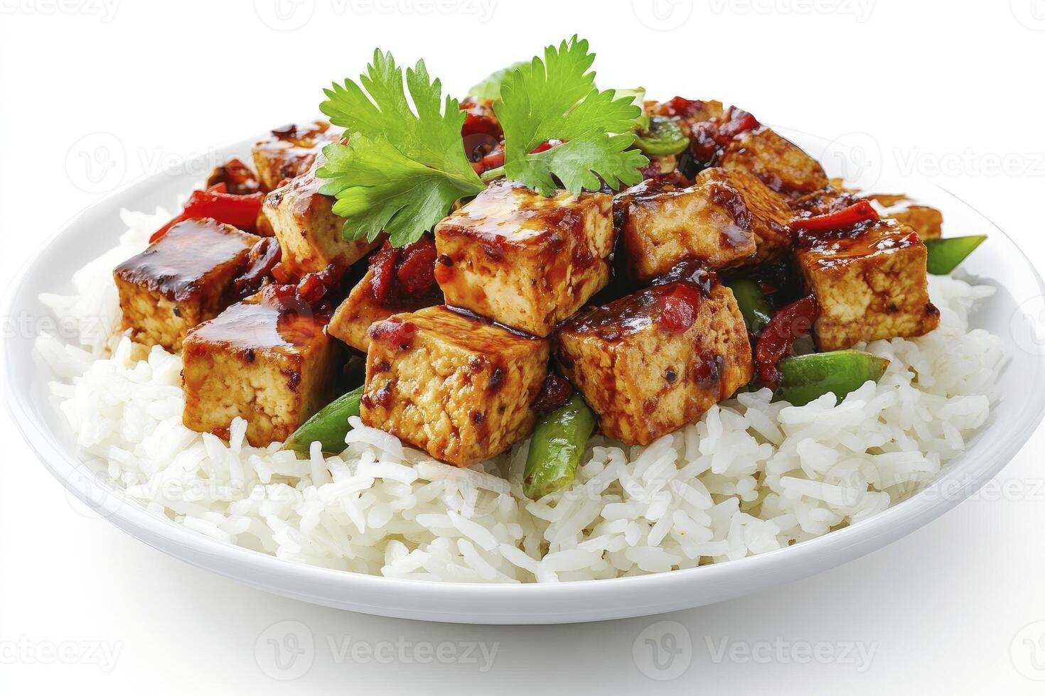 Tofu Stir Fry with Rice and Vegetables on a White Plate photo