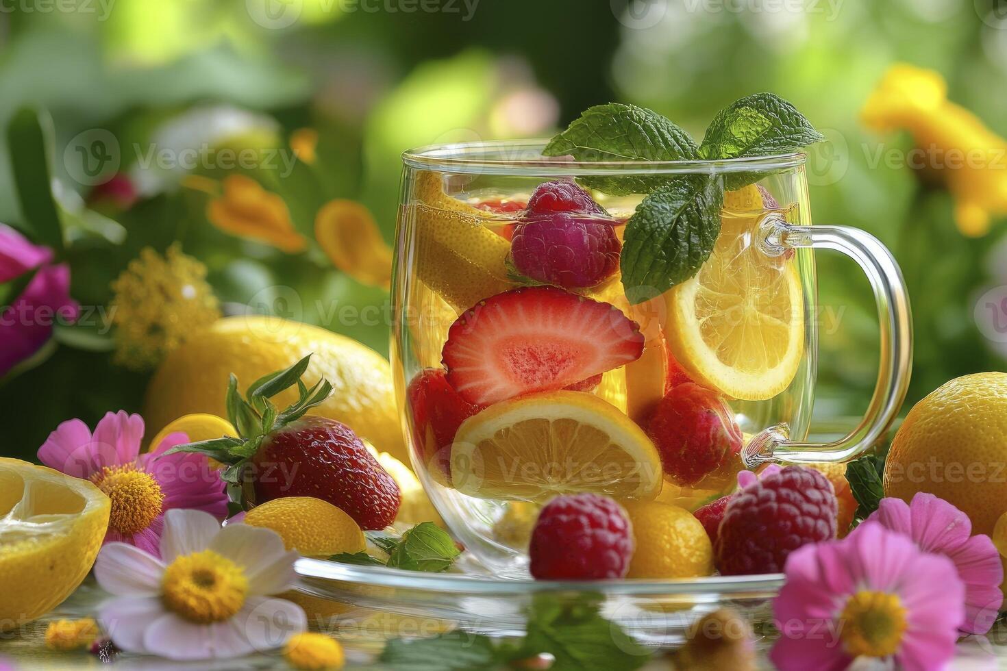 Refreshing Fruit Infused Water with Lemon and Berries Surrounded by Flowers photo