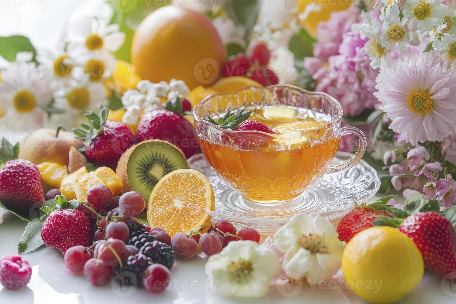 Refreshing Fruit Tea with Berries and Citrus in Glass Cup photo