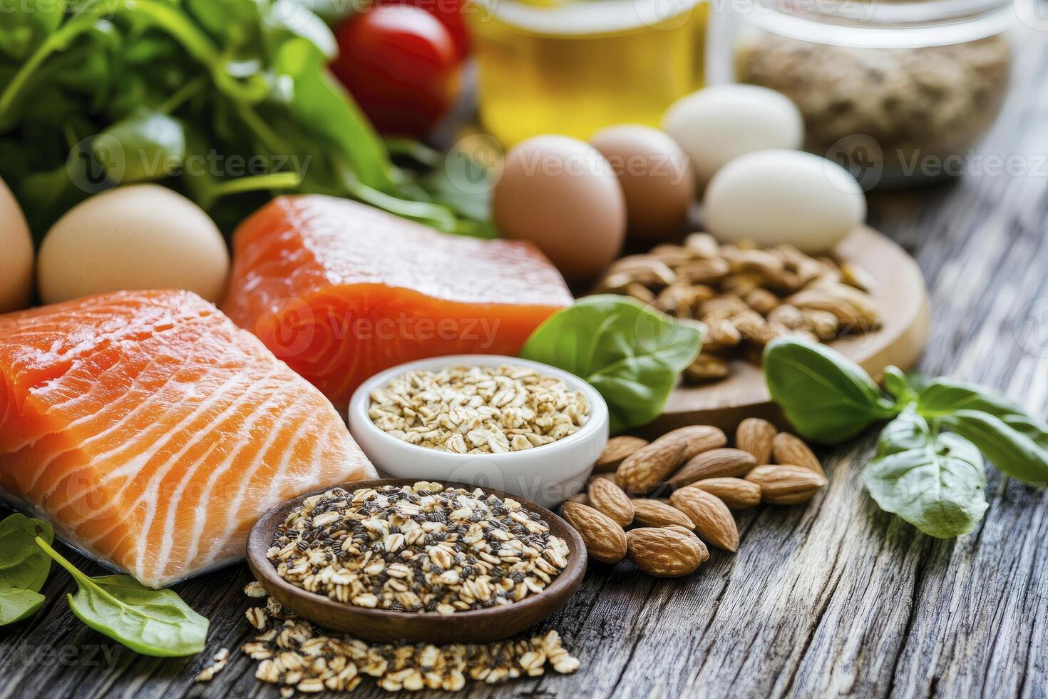 Healthy Food Arrangement Featuring Salmon, Nuts, Eggs, and Grains on Wood photo