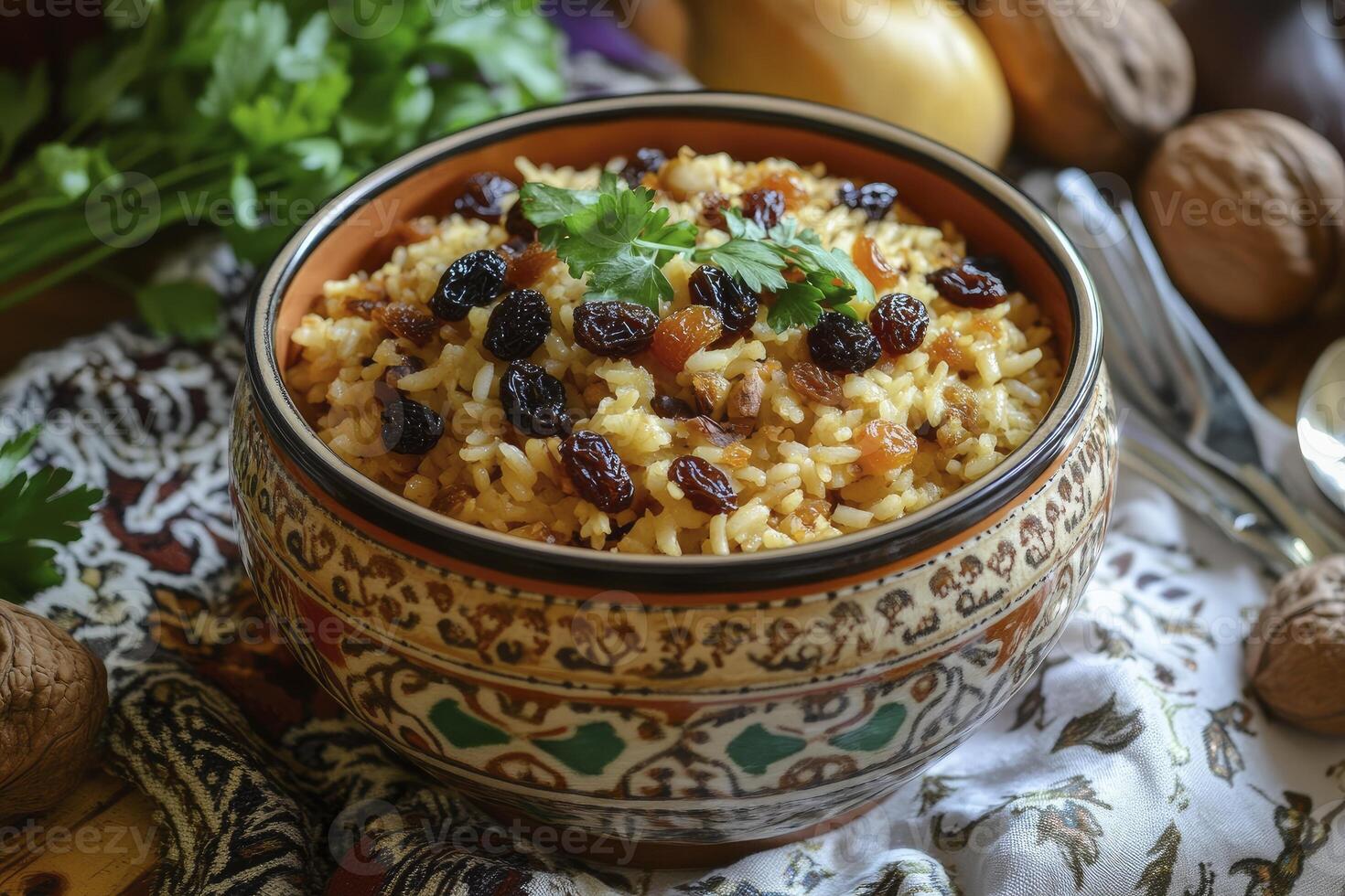 Pilaf Dish with Raisins in Decorative Bowl Close-up on Table photo