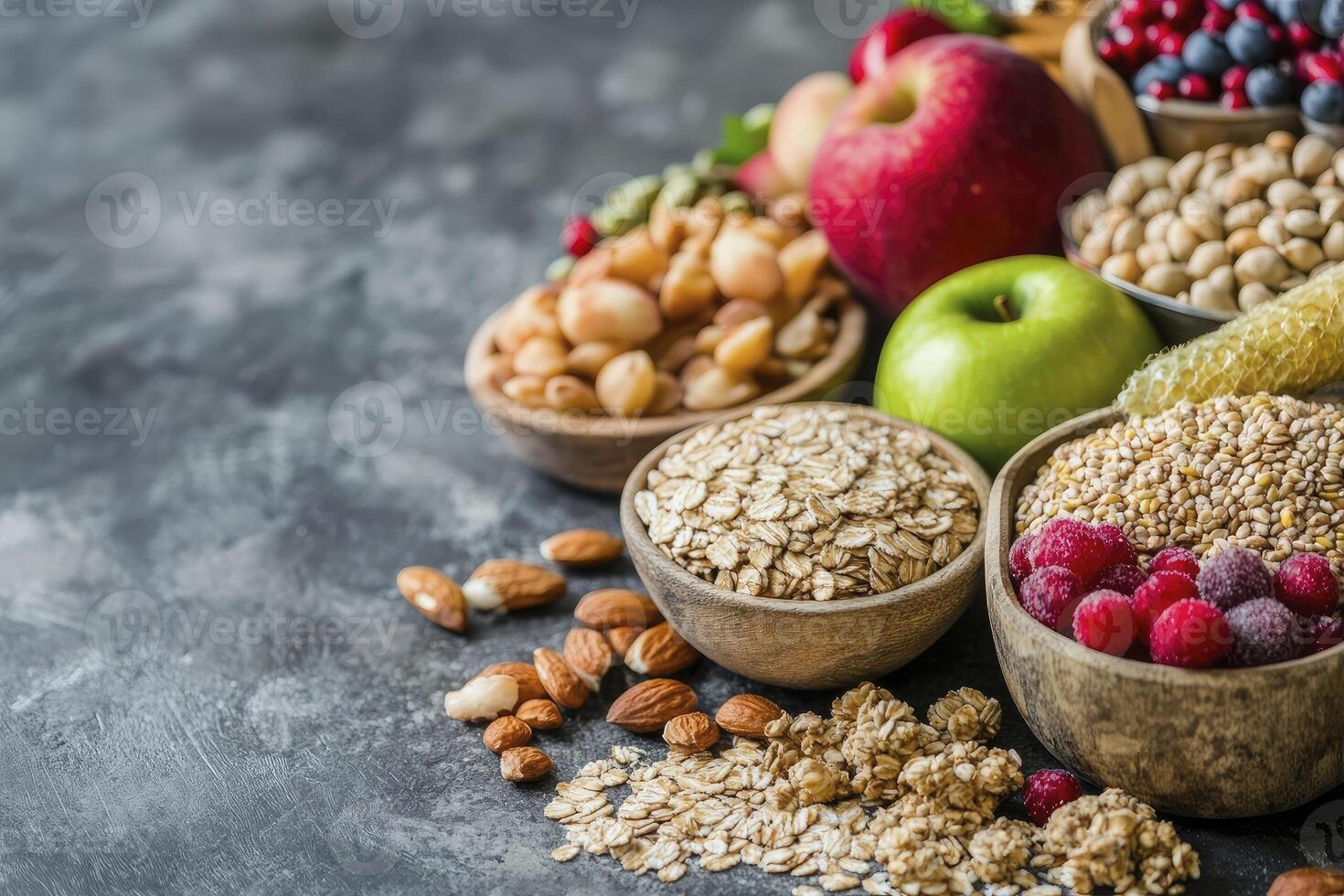 Arrangement of Healthy Foods Featuring Oats, Nuts and Fresh Fruits photo