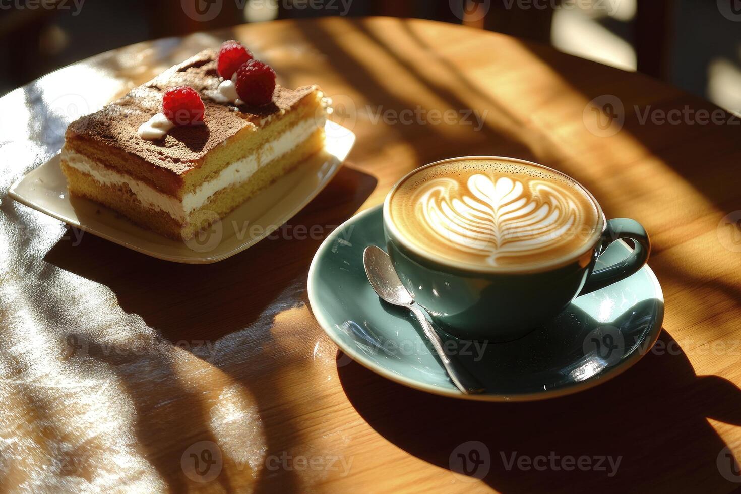 Latte Art and Raspberry Cake on Wooden Table in Sunlight photo