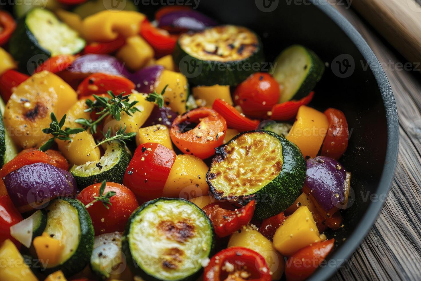 Colorful Roasted Vegetables with Zucchini and Tomatoes in a Pan photo