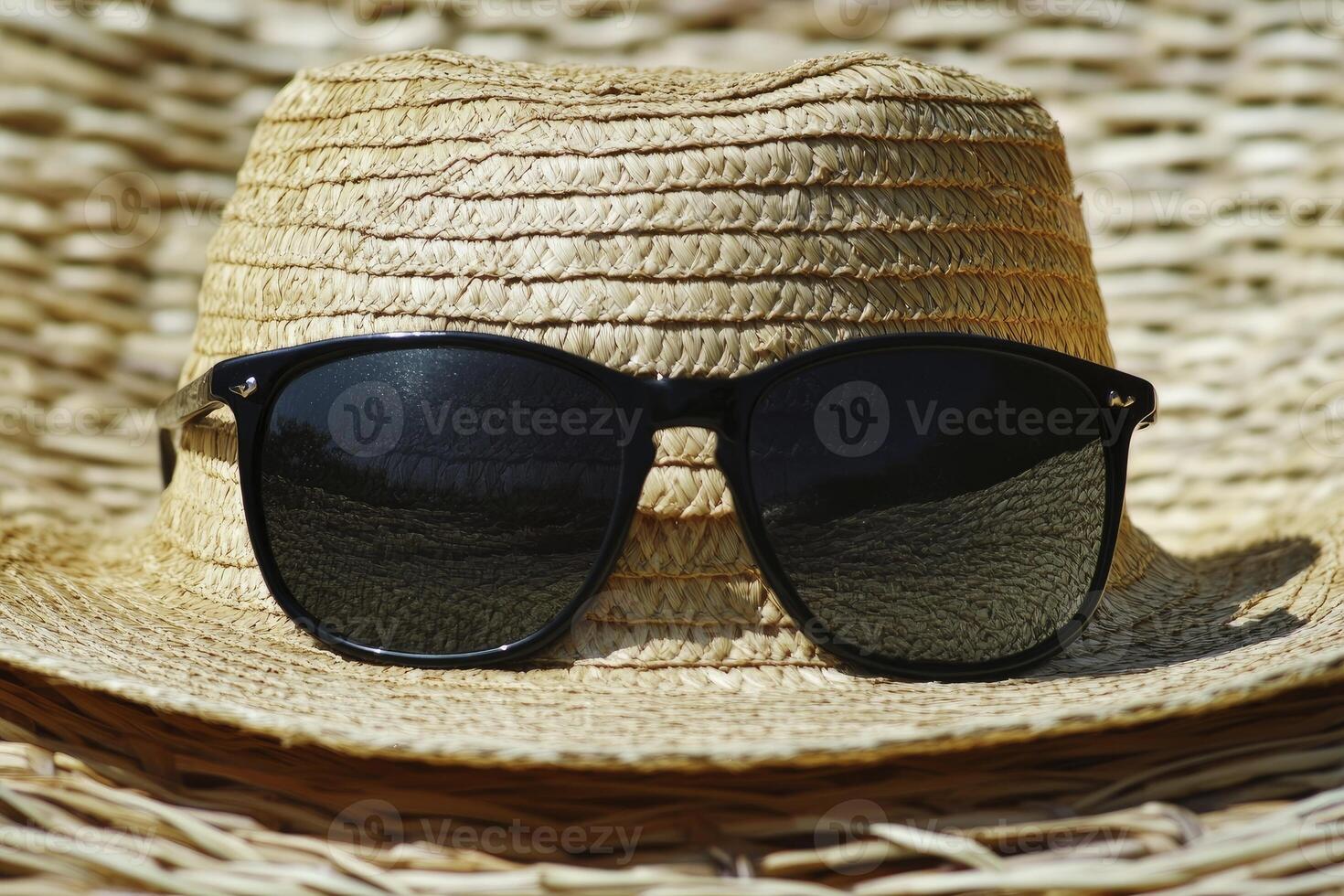 Straw Hat and Sunglasses on Wicker Background for Summer Vacation photo