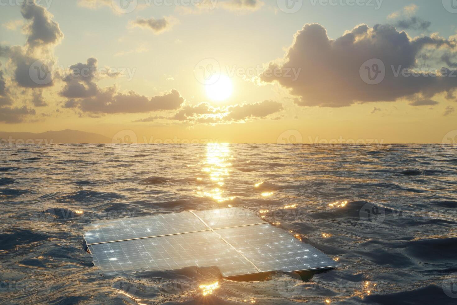 Floating Solar Panel System on Ocean at Sunset Clean Energy Concept photo
