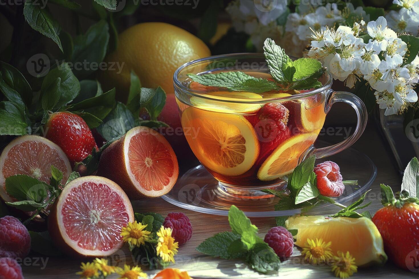 Refreshing Fruit Tea with Orange Raspberry and Mint in Glass Cup photo