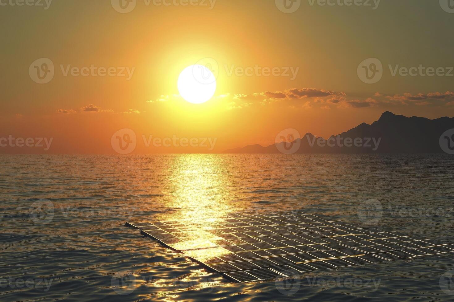 Floating Solar Panels on Ocean Water During Sunset Generating Renewable Energy photo