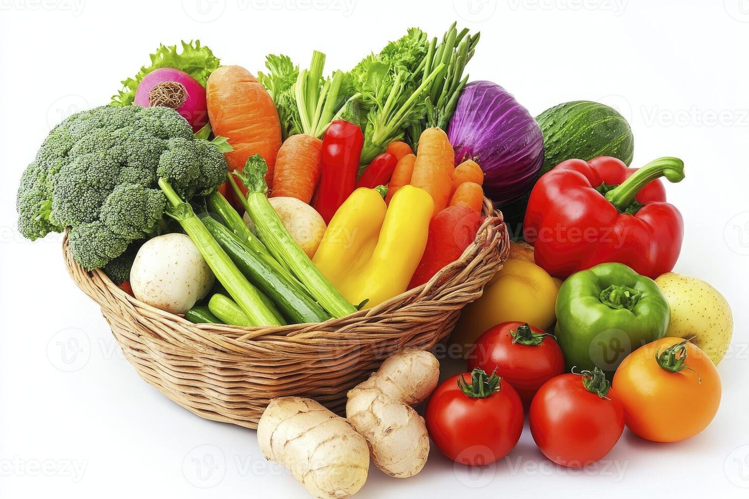 Fresh Vegetable Harvest in Wicker Basket with Bright Colors on White photo