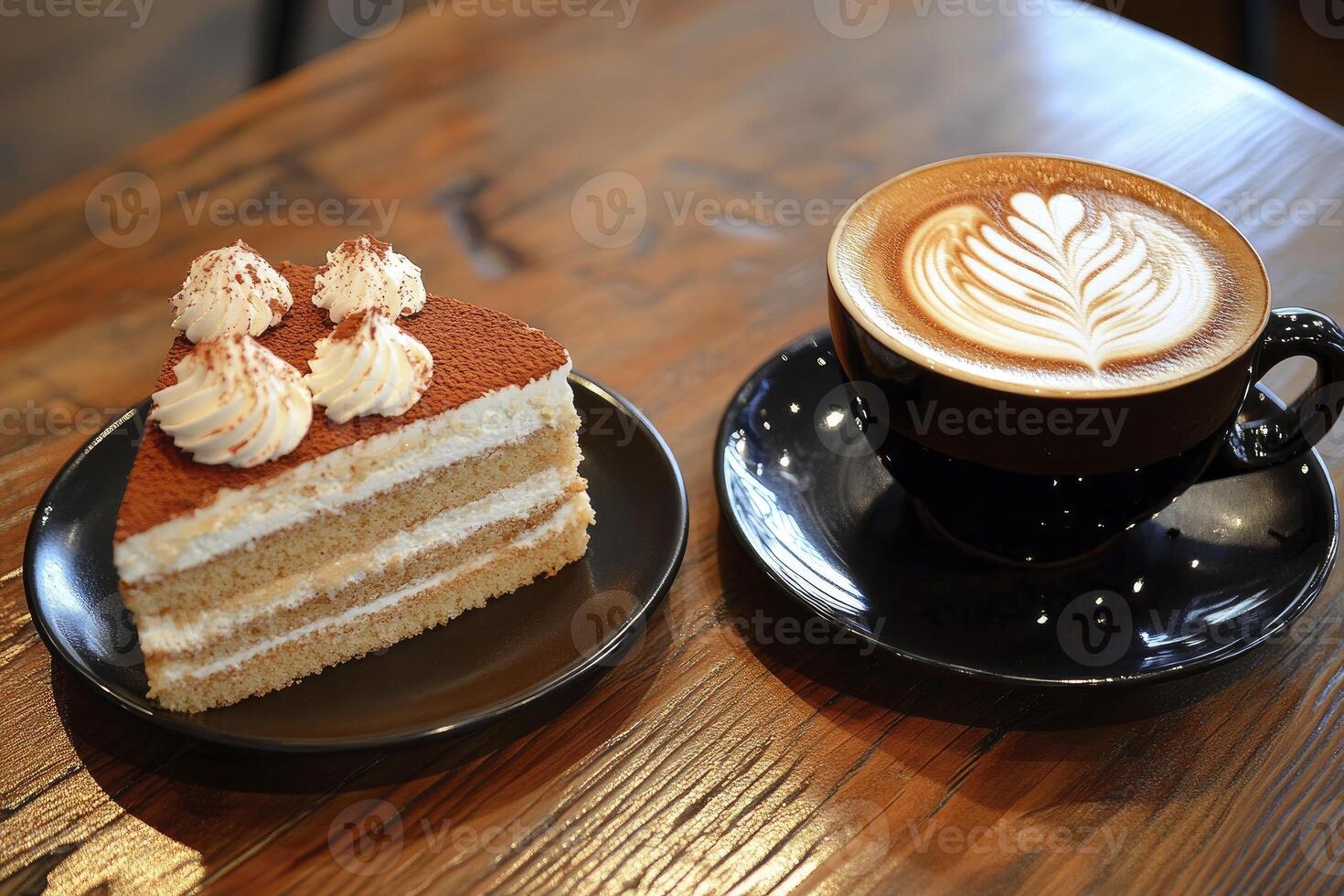 Enjoying Tiramisu Cake with Latte Art Coffee on Wooden Table photo
