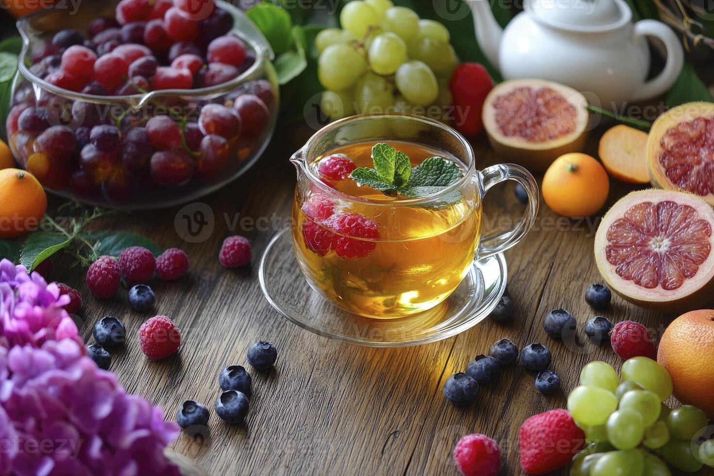 Brewed Herbal Tea with Raspberries and Fresh Fruit Selection Arrangement photo