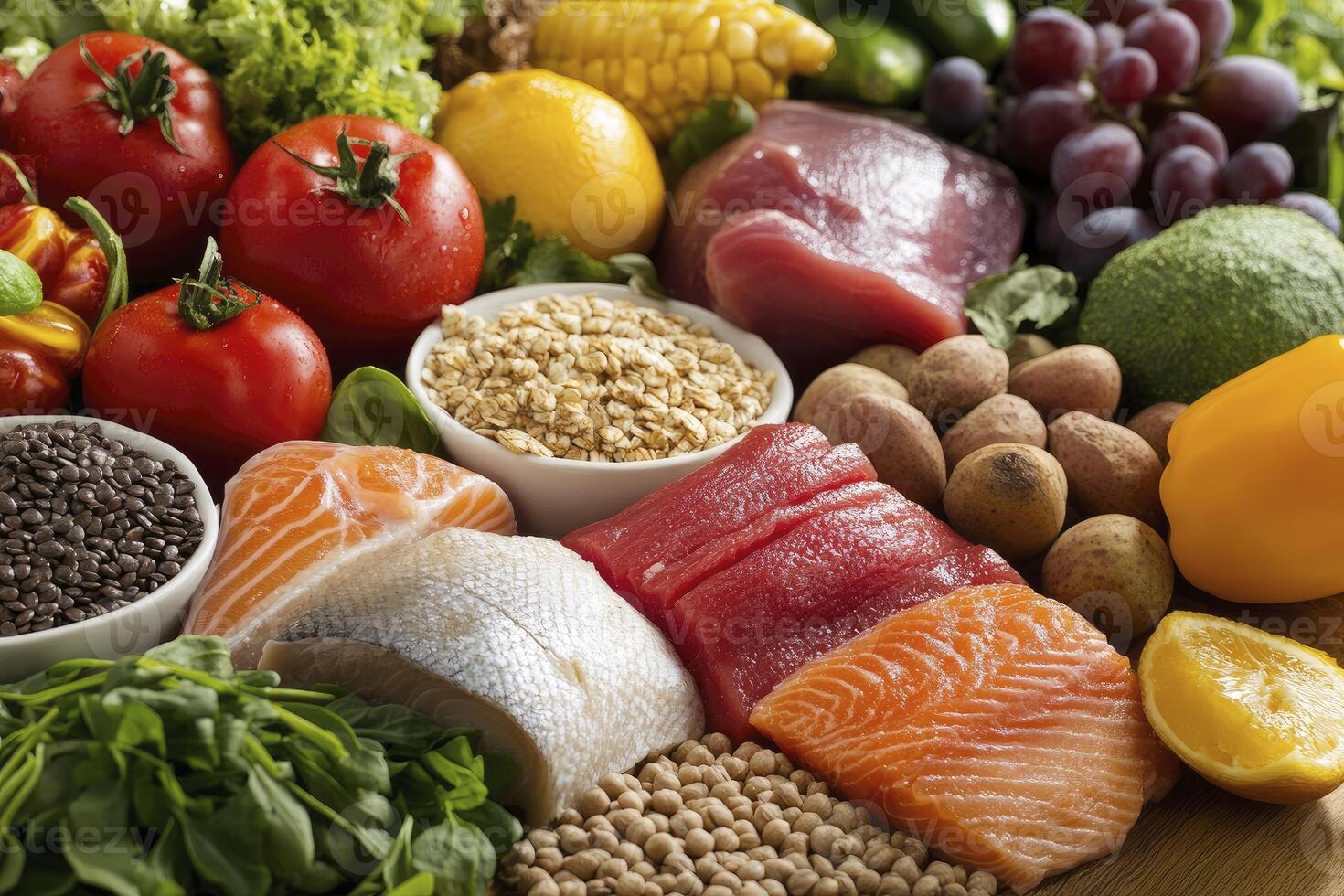 Variety of Healthy Food Selection with Fish, Meat, Vegetables and Grains photo
