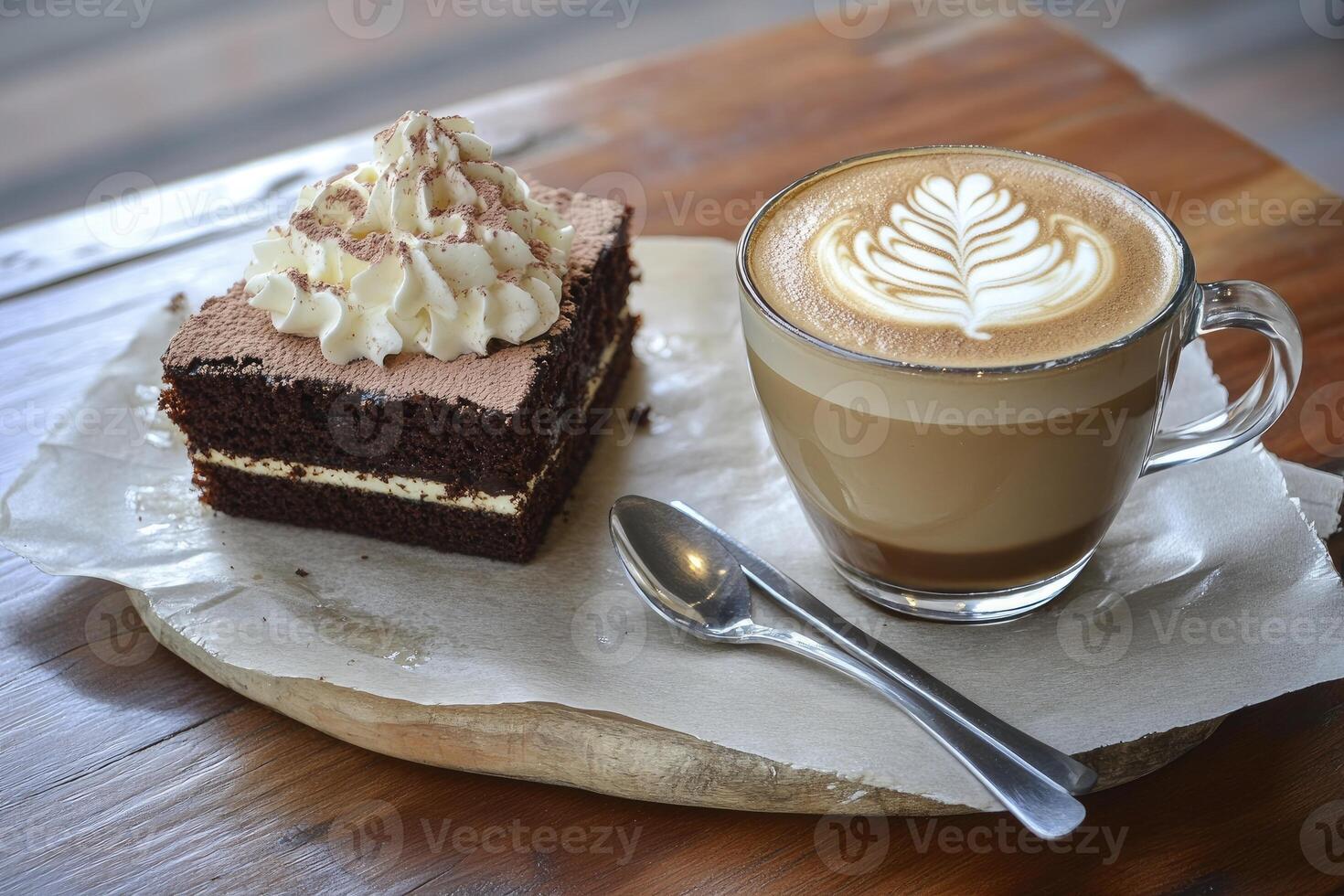 Enjoying Chocolate Cake with Cream and Latte Art Coffee Break photo