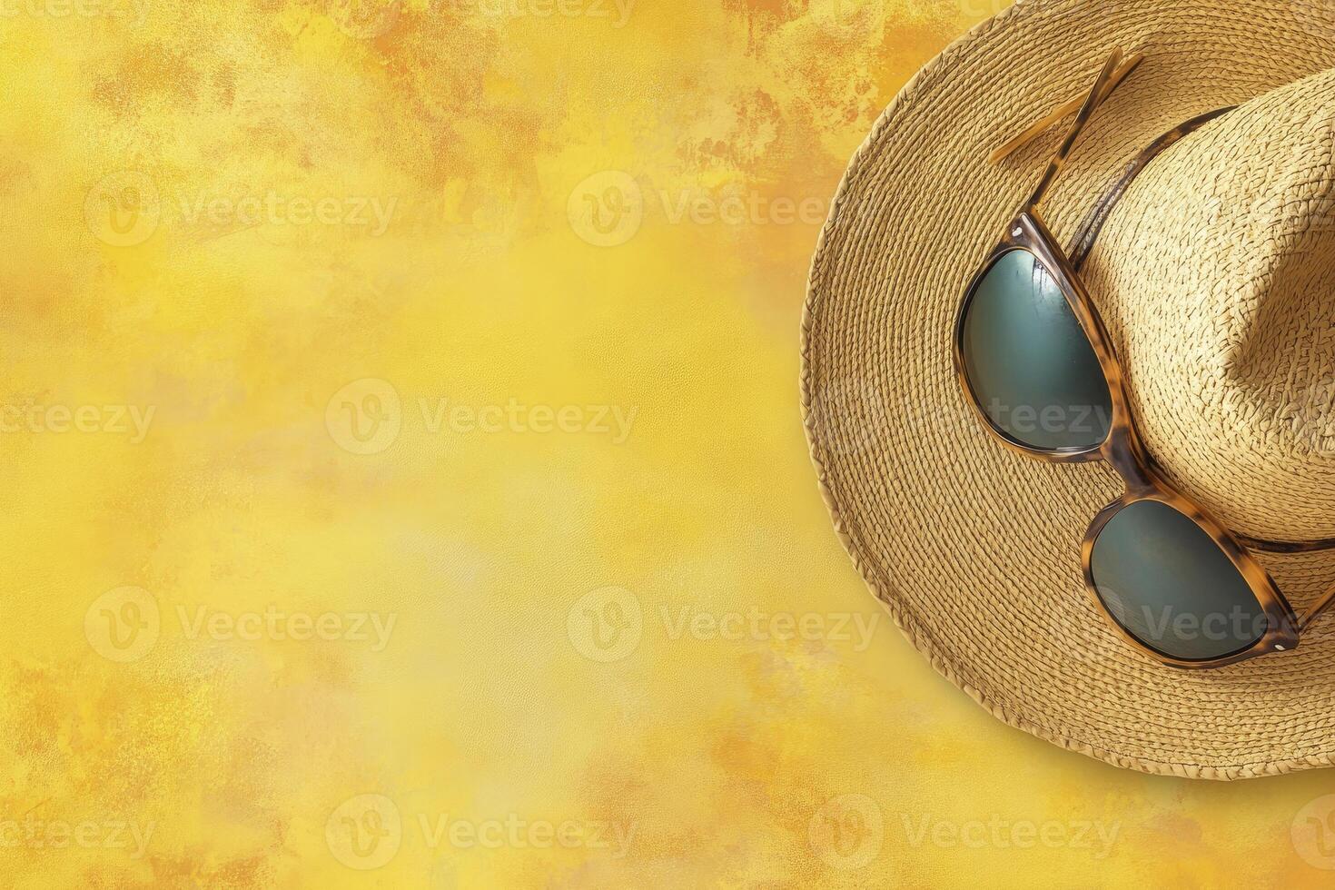 Straw Hat and Sunglasses on Yellow Background Summer Vacation Concept photo