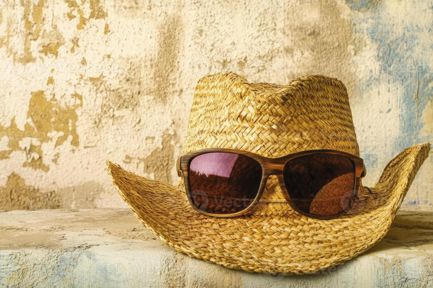 Straw Hat with Sunglasses Still Life Against Weathered Wall Backdrop photo