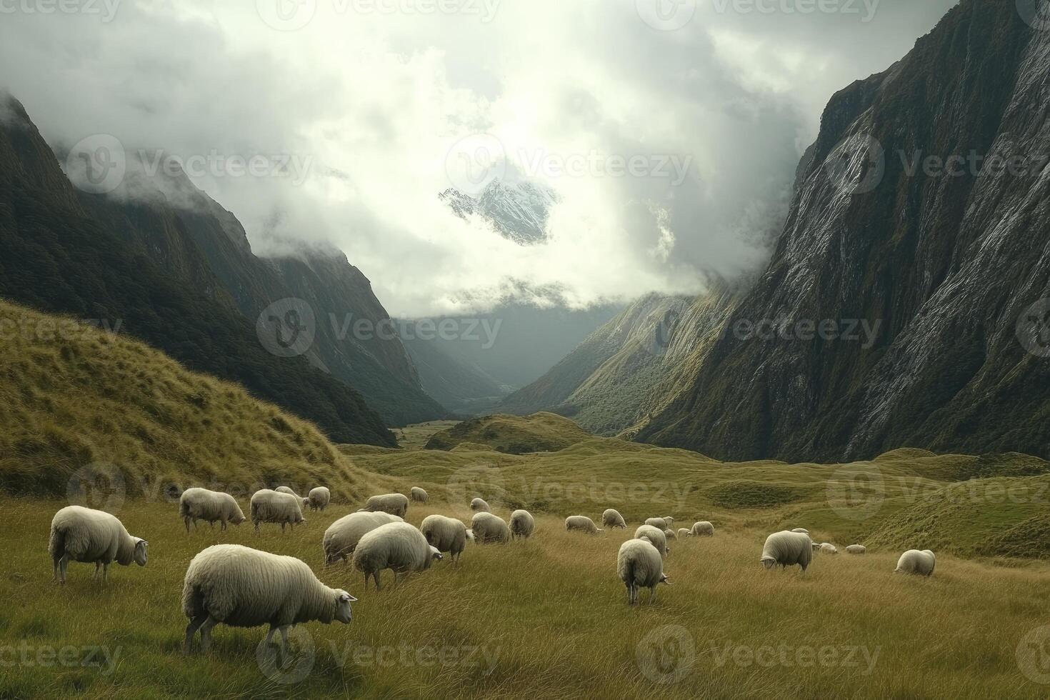 Sheep Grazing in Mountain Valley Landscape Under Cloudy Sky Scenery photo