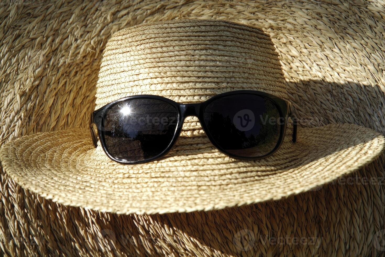 Straw Hat with Sunglasses Lying on Woven Mat in Sunlight photo