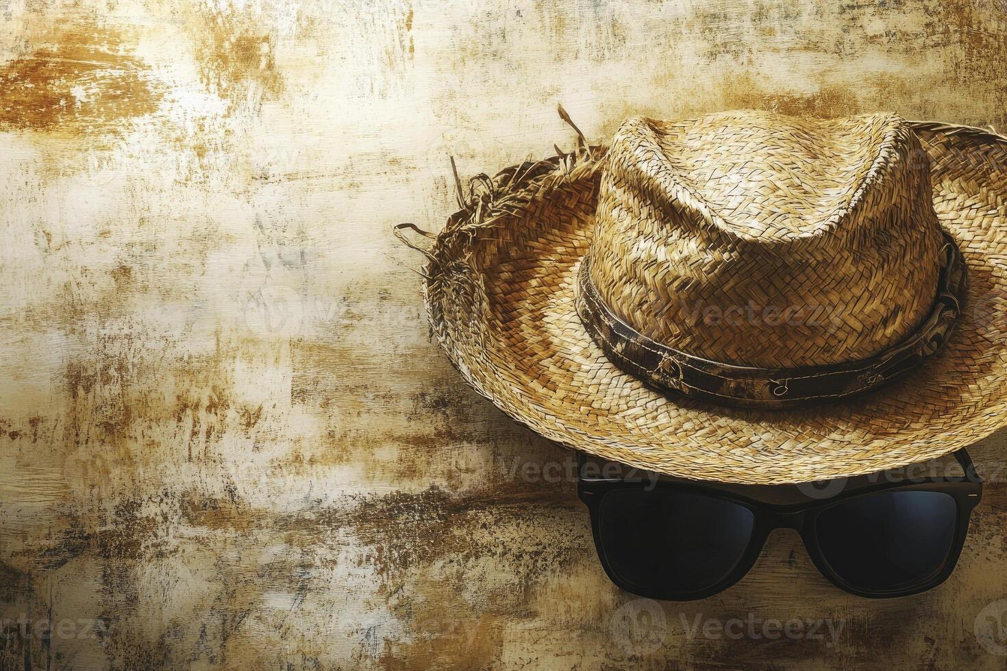 Rustic Straw Hat and Sunglasses on Textured Background for Summer Travel photo