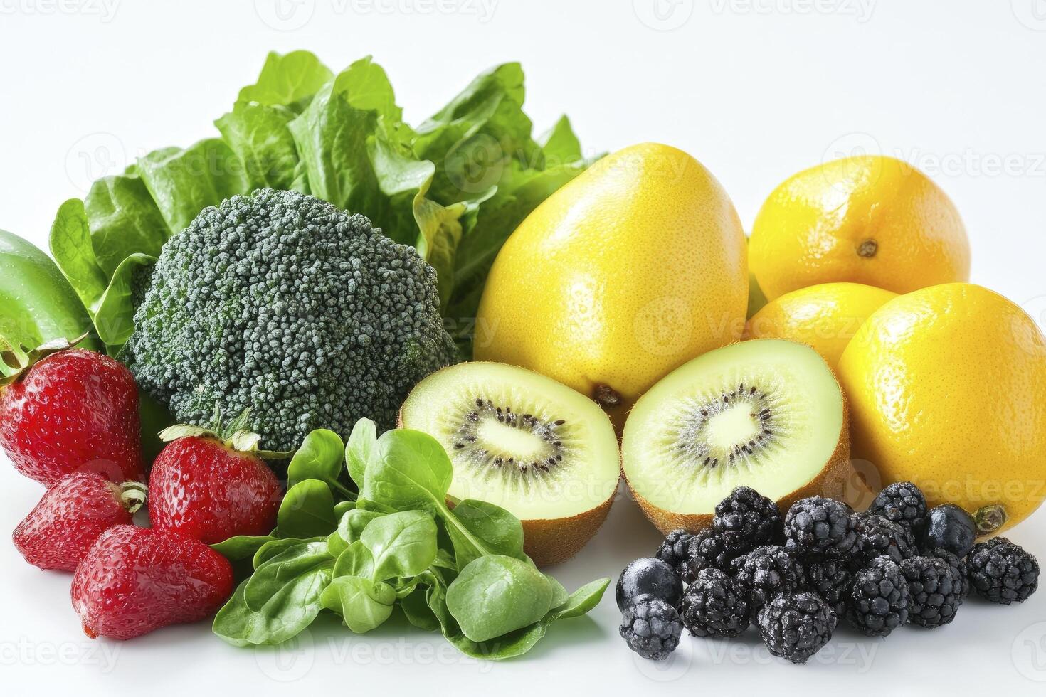 Fresh Fruits and Vegetables Arrangement on White Background for Healthy Lifestyle photo