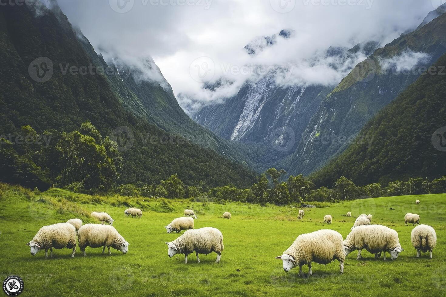 Sheep Grazing in Lush Green Valley with Cloudy Mountain Backdrop photo