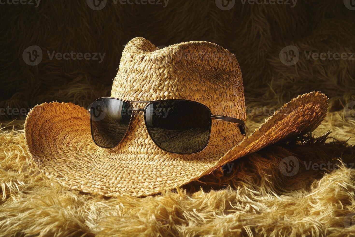 Straw Cowboy Hat with Sunglasses on a Fluffy Brown Background photo