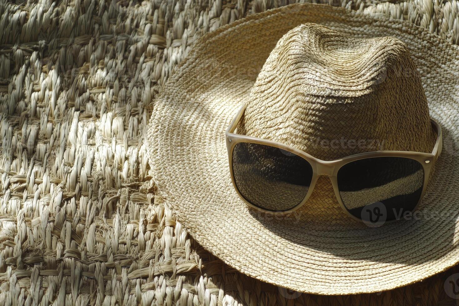 Straw Hat with Sunglasses on Woven Mat for Summer Vacation photo