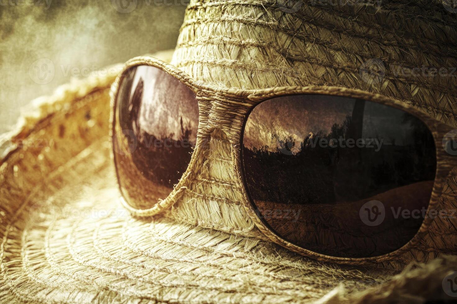 Straw Hat and Sunglasses Close Up with Nature Reflection Style photo