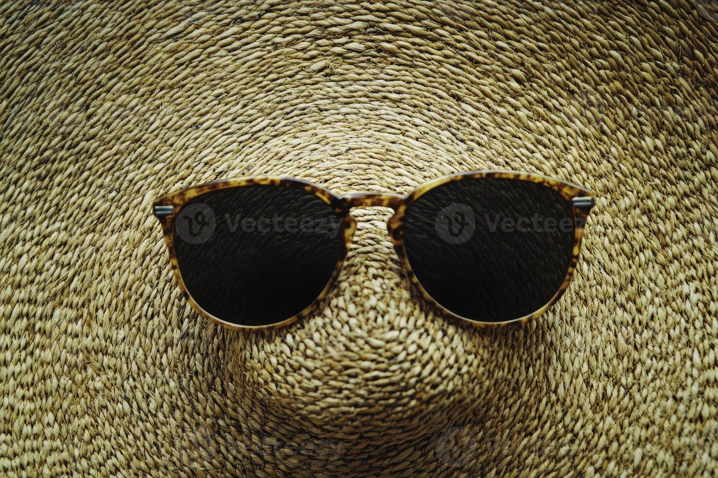 Sunglasses Resting on Woven Straw Hat with Warm Light and Texture photo