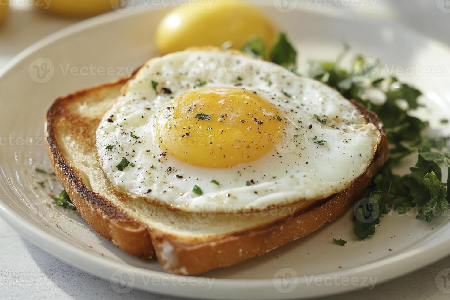 Fried Egg on Toast with Parsley and Lemon Ready to Eat photo