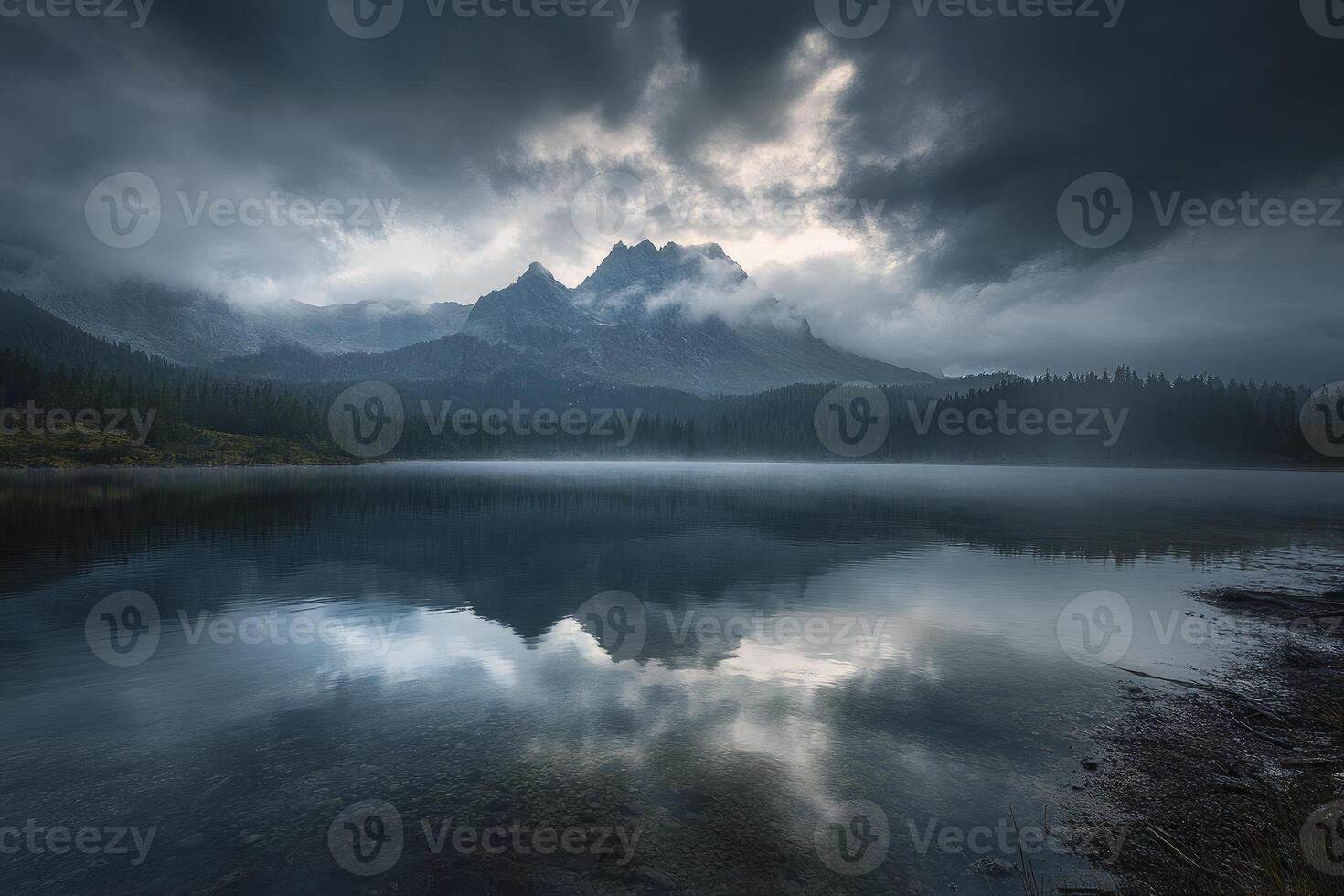 Mountain Reflection on Calm Lake Under Cloudy Sky with Forest photo