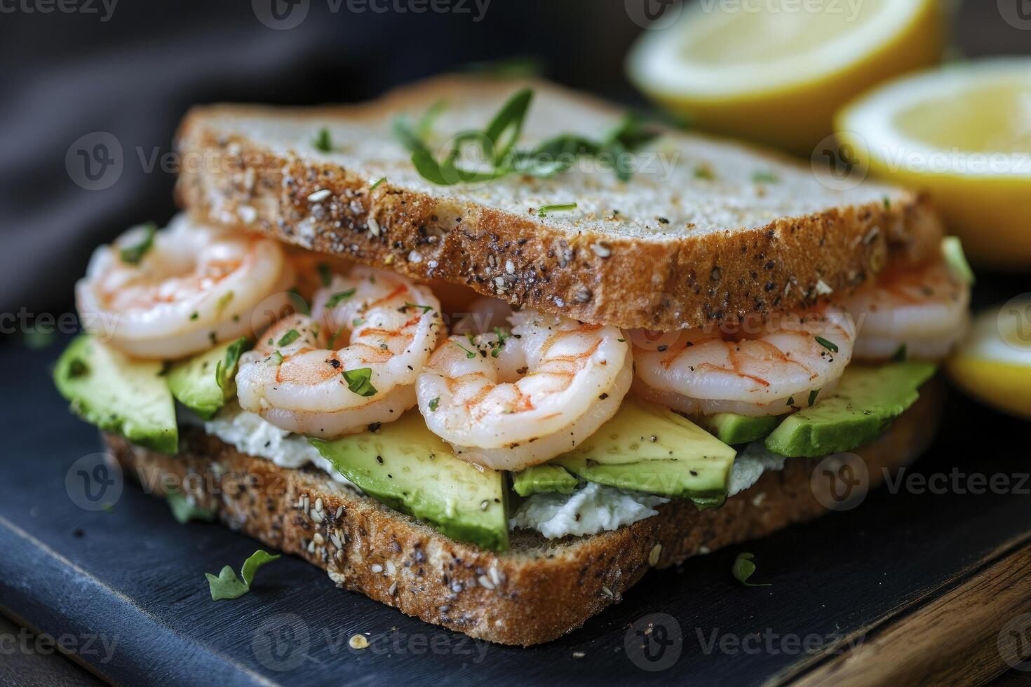 Shrimp and Avocado Sandwich with Whole Grain Bread and Lemon photo