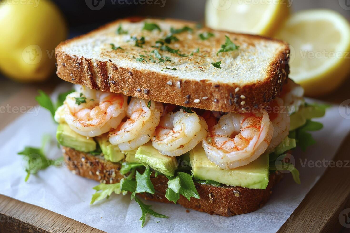 Shrimp and Avocado Sandwich on Toast with Fresh Lemon Ready to Eat photo
